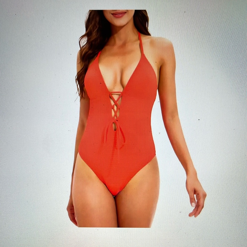 Lucky brand women’s golden wave textured plunging lace up swimsuit size medium